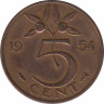 Монета. Нидерланды. 5 центов 1954 год. ав.