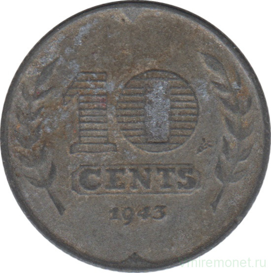 Монета. Нидерланды. 10 центов 1943 год. Цинк.