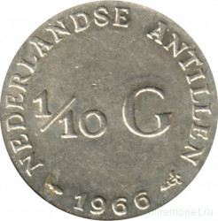 Монета. Нидерландские Антильские острова. 1/10 гульдена 1966 год. Метка "Рыба" перед датой.