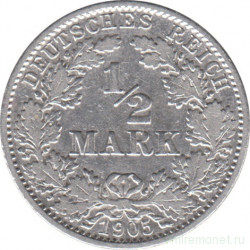 Монета. Германия. Германская империя. 1/2 марки 1905 год. Монетный двор - Берлин (D).
