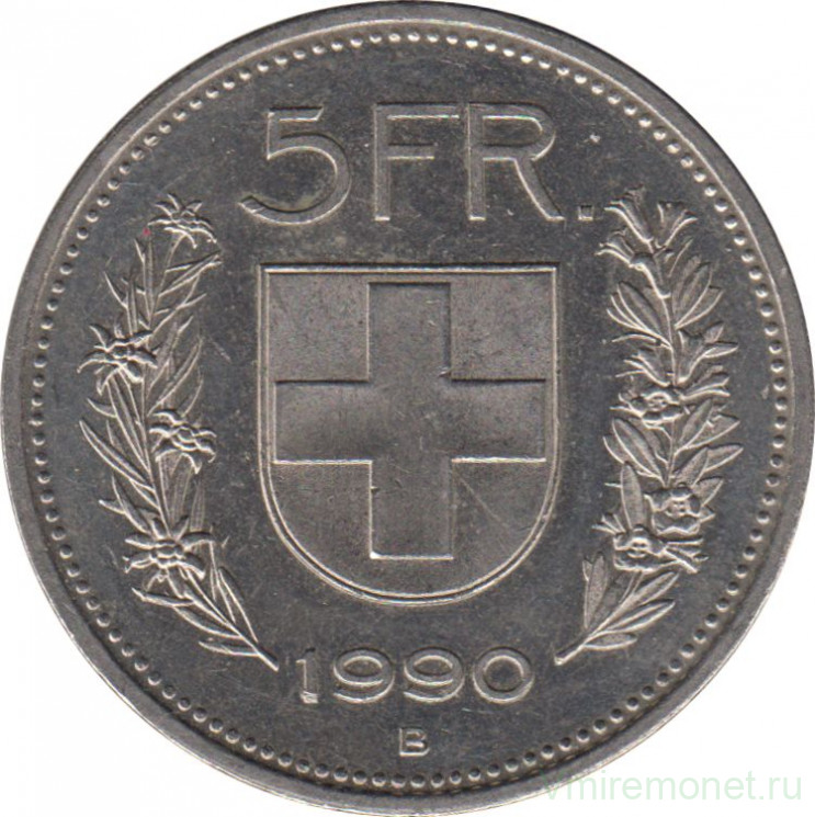 Монета. Швейцария. 5 франков 1990 год.