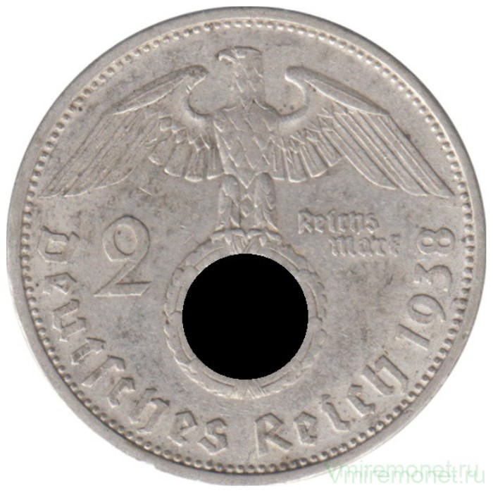 Монета. Германия. Третий Рейх. 2 рейхсмарки 1938 год. Монетный двор - Мюльденхаттен (E).