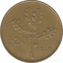Монета. Италия. 20 лир 1959 год.