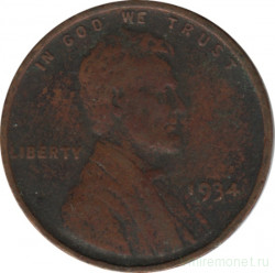 Монета. США. 1 цент 1934 год.