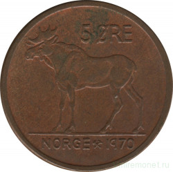 Монета. Норвегия. 5 эре 1970 год.