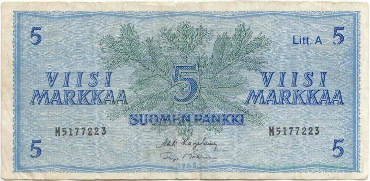 Банкнота. Финляндия. 5 марок 1963 год. Тип 103a(20).