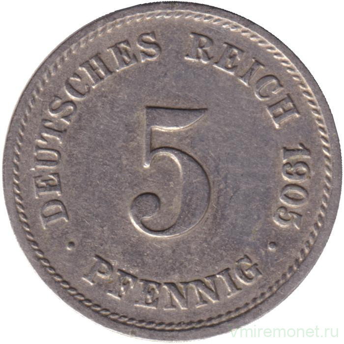 Монета. Германская империя. 5 пфеннигов 1905 год. (G).