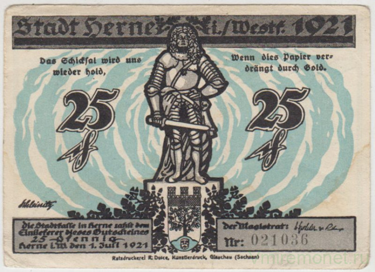 Бона. Нотгельд. Германия. Город Херне. 25 пфеннигов 1921 год. Вариант 602.5.а.2.