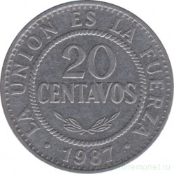 Монета. Боливия. 20 сентаво 1987 год.