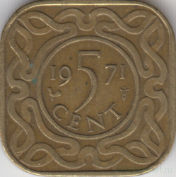 Монета. Суринам. 5 центов 1971 год.