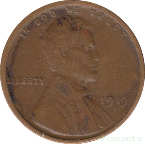 Монета. США. 1 цент 1919 год. Монетный двор D.