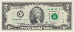 Банкнота. США. 2 доллара 2009 год. Серия G.