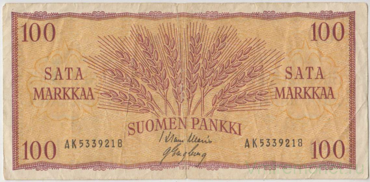 Банкнота. Финляндия. 100 марок 1957 год. Тип 97а(5).