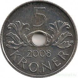 Монета. Норвегия. 5 крон 2008 год.