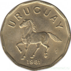 Монета. Уругвай. 10 сентесимо 1981 год.