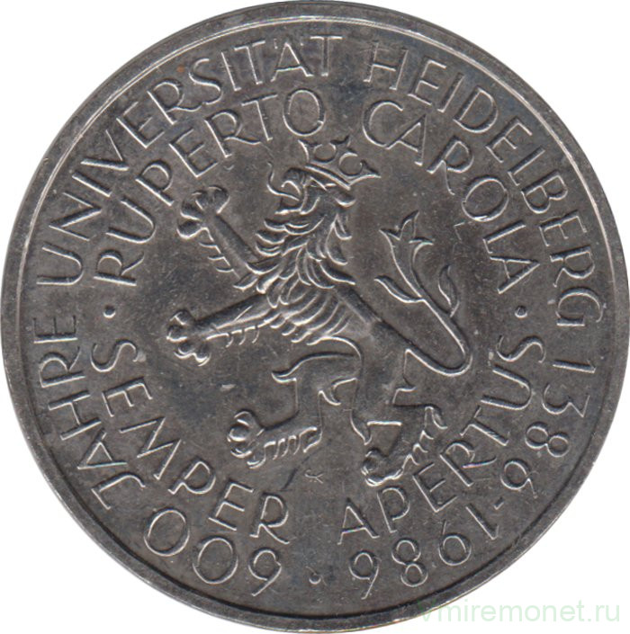 Монета. ФРГ. 5 марок 1986 год. 600 лет Гейдельбергскому университету.