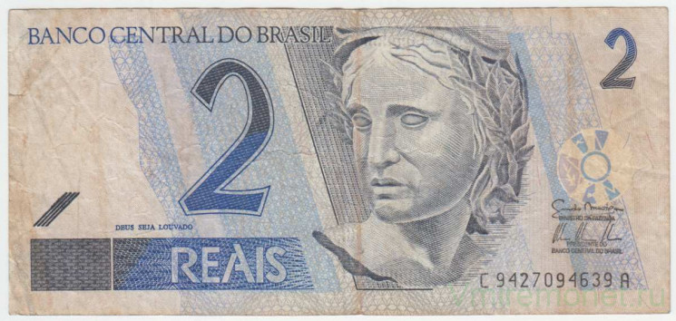 Банкнота. Бразилия. 2 реала 2001 -2012 год. Тип 249g.