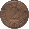 Монета. Германия. Веймарская республика. 2 рейхспфеннига 1924 год. Монетный двор - Карлсруэ (G). рев.