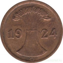 Монета. Германия. Веймарская республика. 2 рейхспфеннига 1924 год. Монетный двор - Карлсруэ (G).