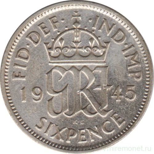 Монета. Великобритания. 6 пенсов 1945 год.