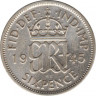 Монета. Великобритания. 6 пенсов 1945 год. ав.