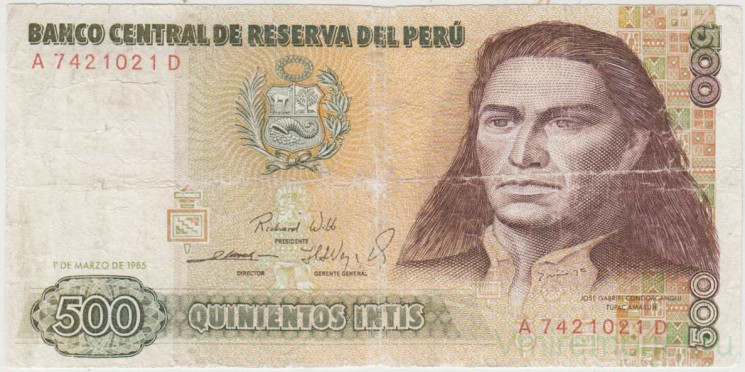 Банкнота. Перу. 500 инти 1985 год. Тип 134а.