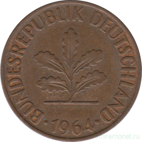 Монета. ФРГ. 2 пфеннига 1964 год. Монетный двор - Карлсруэ (G).