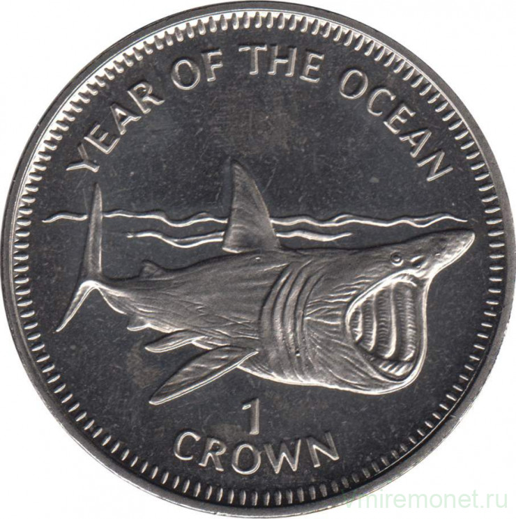 Монета. Великобритания. Остров Мэн. 1 крона 1998 год. Год океана. Акула.