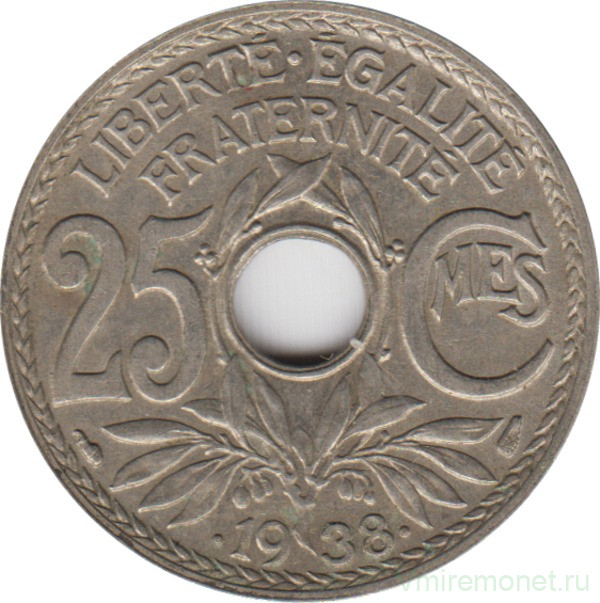 Монета. Франция. 25 сантимов 1938 год.