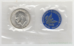 Монета. США. 1 доллар 1973 год. Монетный двор S. Серебро. В конверте, с жетоном.