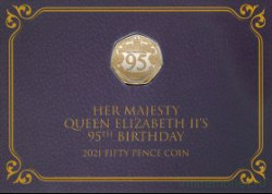 Монета. Гибралтар. 50 пенсов 2021 год. 95 лет со дня рождения Королевы Елизаветы II. Цветная. В блистере. 