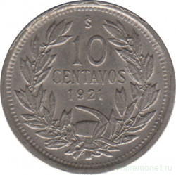 Монета. Чили. 10 сентаво 1921 год.