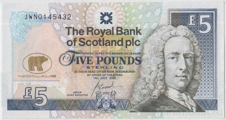 Банкнота. Великобритания. Шотландия. 5 фунтов 2005 год. "Royal Bank of Scotland PLC". Окончание спортивной карьеры Джека Уильяма Никлауса. Тип 365.