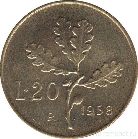 Монета. Италия. 20 лир 1958 год.