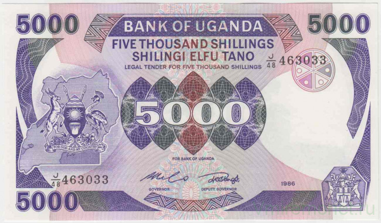 Банкнота. Уганда. 5000 шиллингов 1986 год.