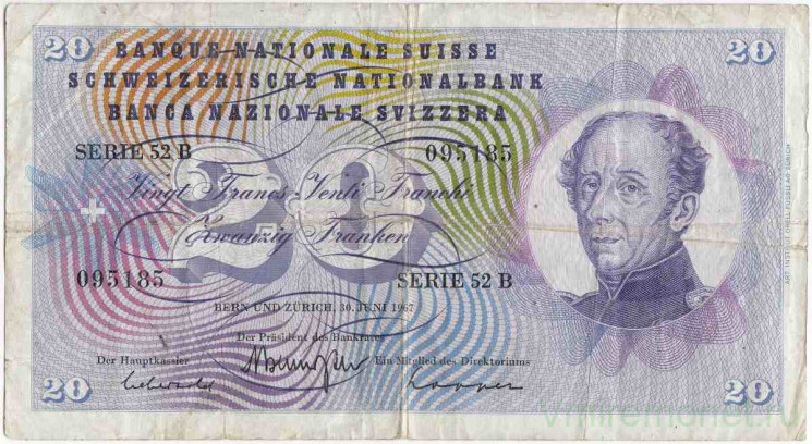 Банкнота. Швейцария. 20 франков 1967 год. Тип 46o(1).