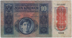 Банкнота. Австрия. 10 крон 1915 год. (оранжевая печать "deutschosterreich" вертикально). Тип 51а (2).