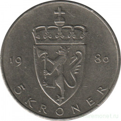 Монета. Норвегия. 5 крон 1980 год.