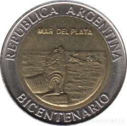 Монета. Аргентина. 1 песо 2010 год. 200 лет Аргентине. Мар-дель-Плата.