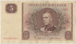 Банкнота. Швеция. 5 крон 1961 год. Тип 42f. 