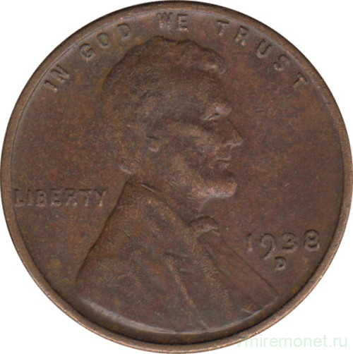 Монета. США. 1 цент 1938 год. Монетный двор D.