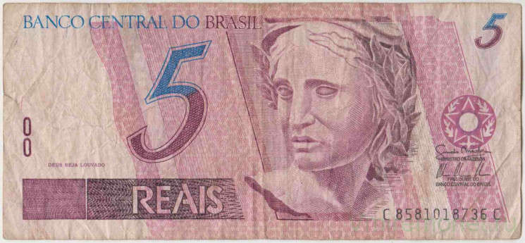 Банкнота. Бразилия. 5 реалов 1997 - 2011 года. Тип 244Aj.