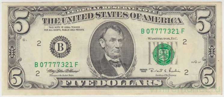 Банкнота. США. 5 долларов 1995 год. Серия B.