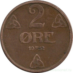 Монета. Норвегия. 2 эре 1952 год. (старый тип)