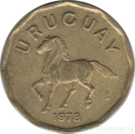 Монета. Уругвай. 10 сентесимо 1978 год.
