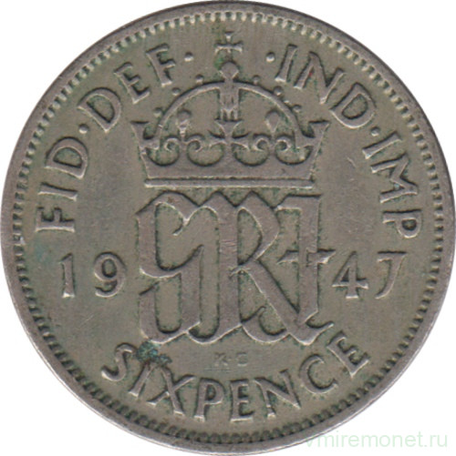 Монета. Великобритания. 6 пенсов 1947 год.