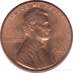 Монета. США. 1 цент 1986 год. Монетный двор D.