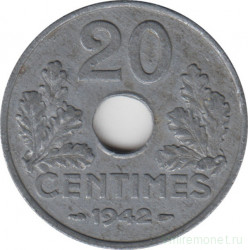Монета. Франция. 20 сантимов 1942 год. Правительство Виши.