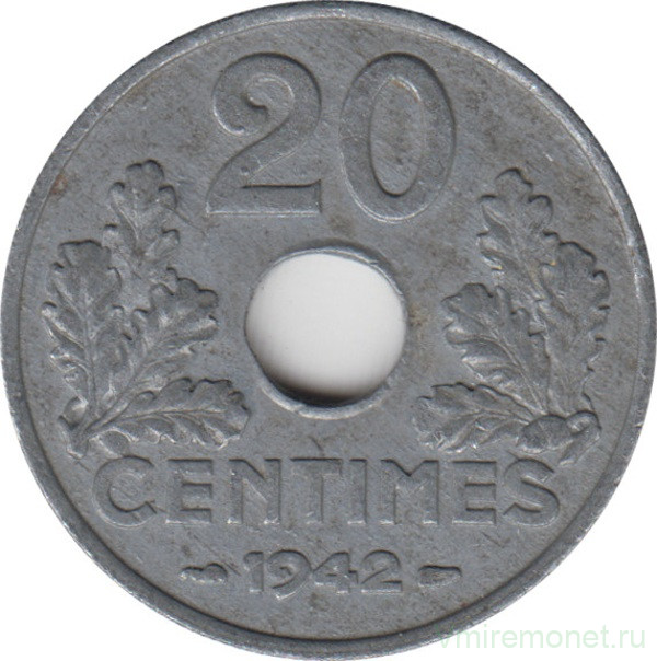 Монета. Франция. 20 сантимов 1942 год. Правительство Виши.
