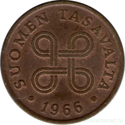 Монета. Финляндия. 1 пенни 1966 год.